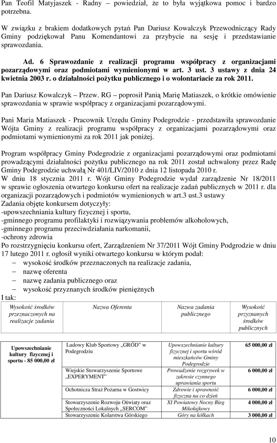 6 Sprawozdanie z realizacji programu współpracy z organizacjami pozarządowymi oraz podmiotami wymienionymi w art. 3 ust. 3 ustawy z dnia 24 kwietnia 2003 r.