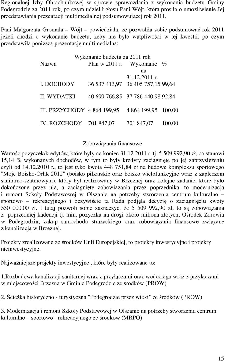 Pani Małgorzata Gromala Wójt powiedziała, że pozwoliła sobie podsumować rok 2011 jeżeli chodzi o wykonanie budżetu, żeby nie było wątpliwości w tej kwestii, po czym przedstawiła poniższą prezentację