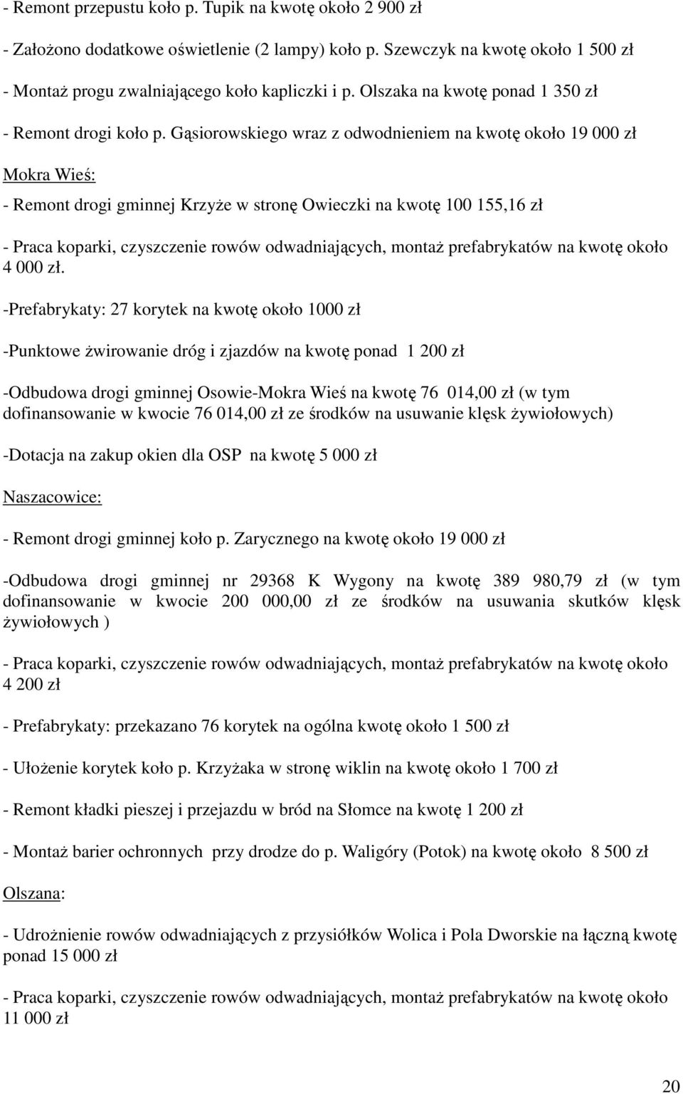 Gąsiorowskiego wraz z odwodnieniem na kwotę około 19 000 zł Mokra Wieś: - Remont drogi gminnej Krzyże w stronę Owieczki na kwotę 100 155,16 zł - Praca koparki, czyszczenie rowów odwadniających,