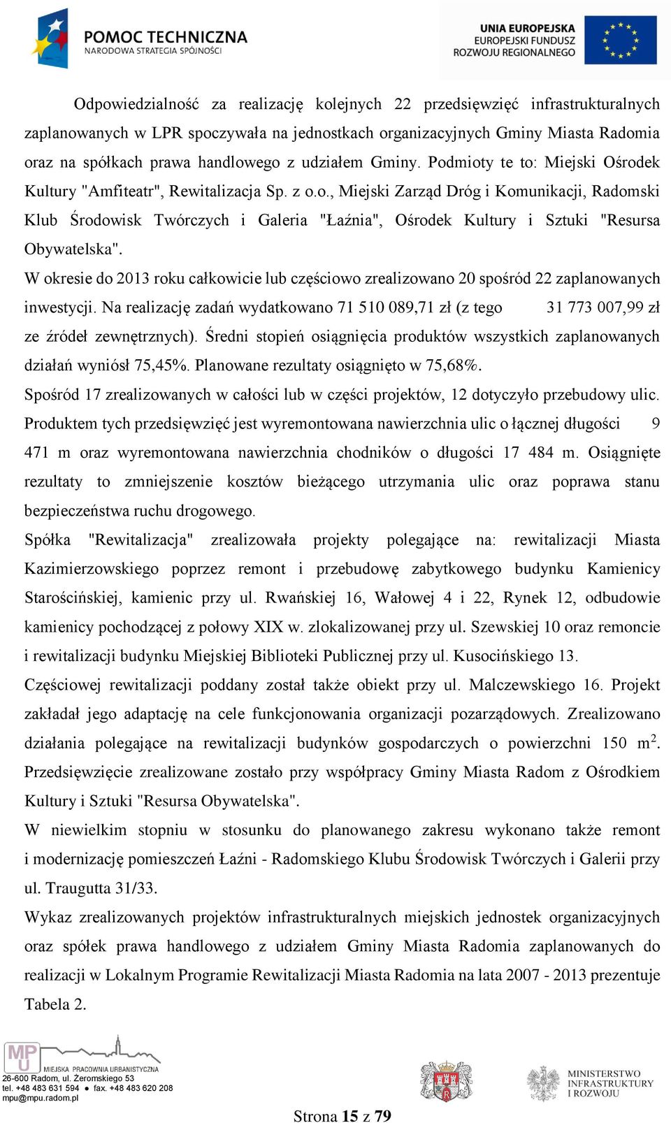 W okresie do 2013 roku całkowicie lub częściowo zrealizowano 20 spośród 22 zaplanowanych inwestycji. Na realizację zadań wydatkowano 71 510 089,71 zł (z tego 31 773 007,99 zł ze źródeł zewnętrznych).