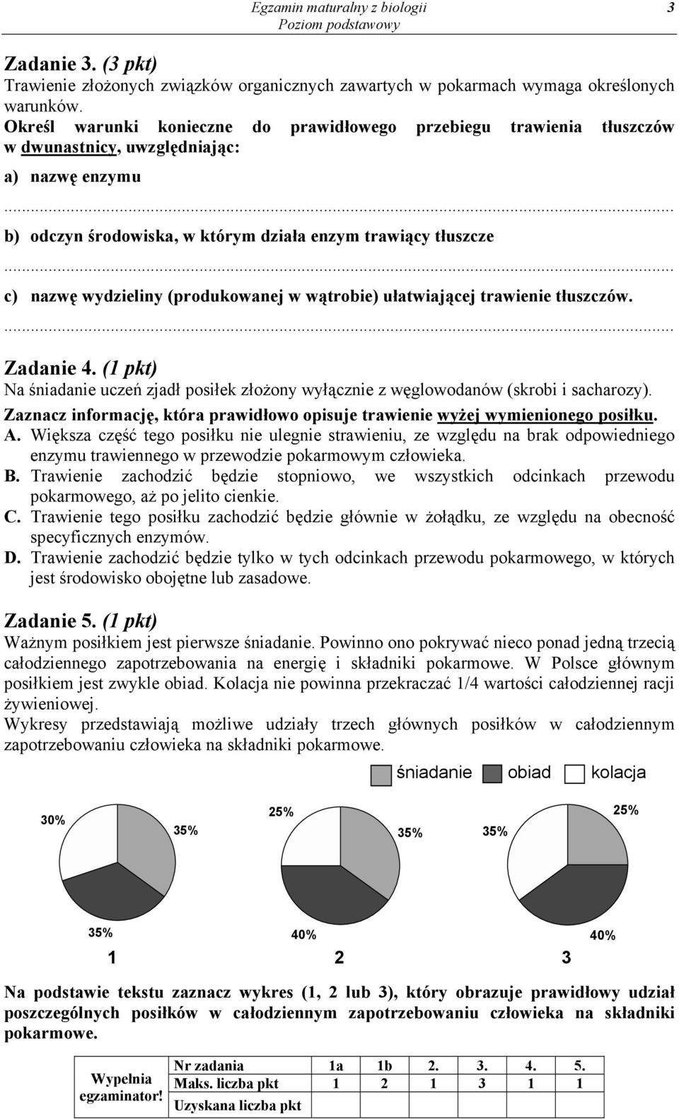 (produkowanej w wątrobie) ułatwiającej trawienie tłuszczów. Zadanie 4. (1 pkt) Na śniadanie uczeń zjadł posiłek złożony wyłącznie z węglowodanów (skrobi i sacharozy).