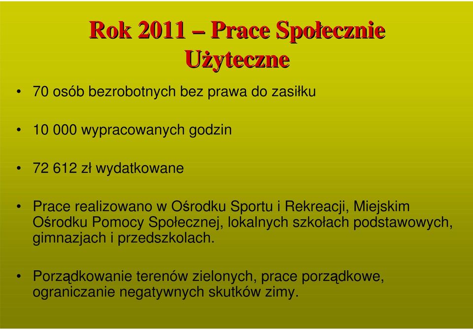 Miejskim Ośrodku Pomocy Społecznej, lokalnych szkołach podstawowych, gimnazjach i