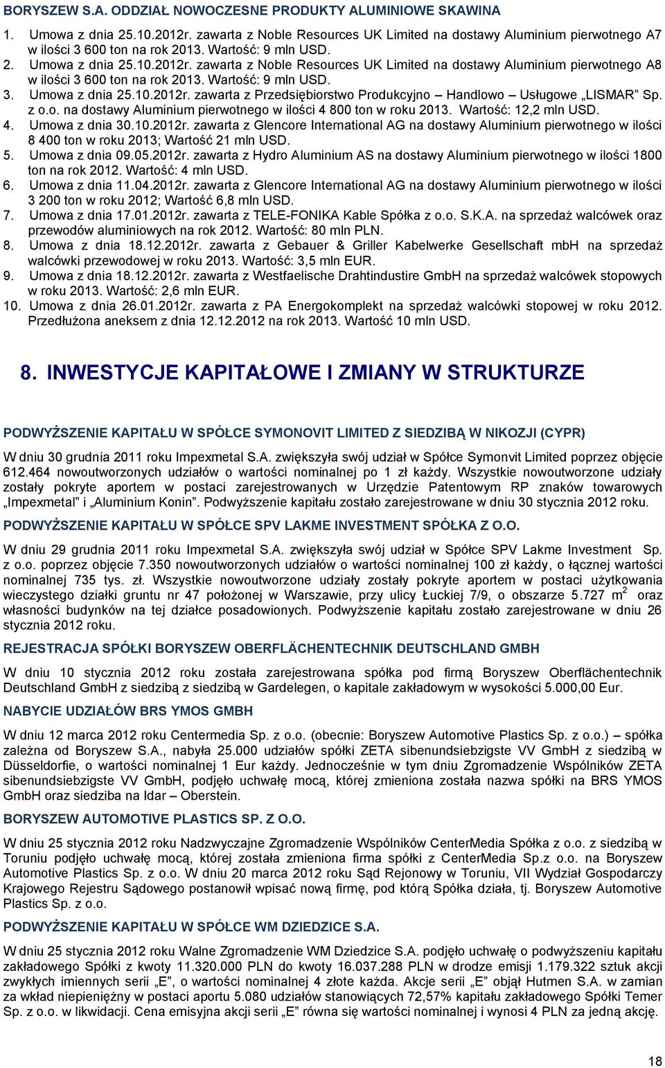 z o.o. na dostawy Aluminium pierwotnego w ilości 4 800 ton w roku 2013. Wartość: 12,2 mln USD. 4. Umowa z dnia 30.10.2012r.