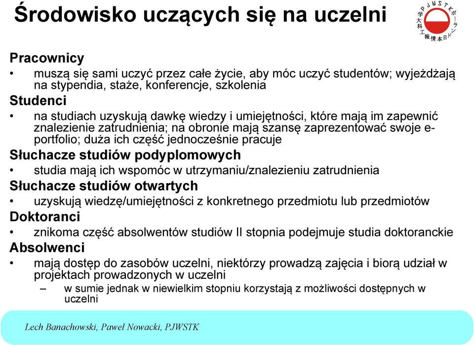 podyplomowych studia mają ich wspomóc w utrzymaniu/znalezieniu zatrudnienia Słuchacze studiów otwartych uzyskują wiedzę/umiejętności z konkretnego przedmiotu lub przedmiotów Doktoranci znikoma część