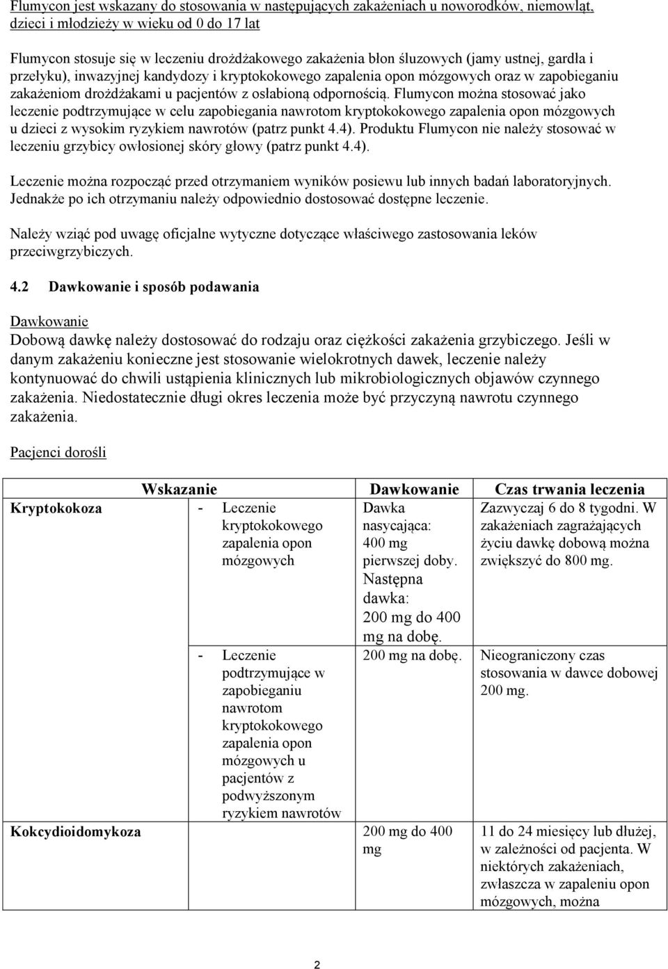 Flumycon można stosować jako leczenie podtrzymujące w celu zapobiegania nawrotom kryptokokowego zapalenia opon mózgowych u dzieci z wysokim ryzykiem nawrotów (patrz punkt 4.4).