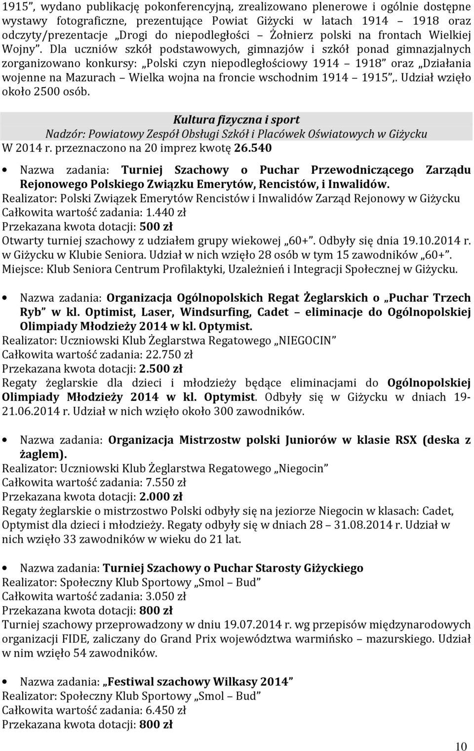 Dla uczniów szkół podstawowych, gimnazjów i szkół ponad gimnazjalnych zorganizowano konkursy: Polski czyn niepodległościowy 1914 1918 oraz Działania wojenne na Mazurach Wielka wojna na froncie
