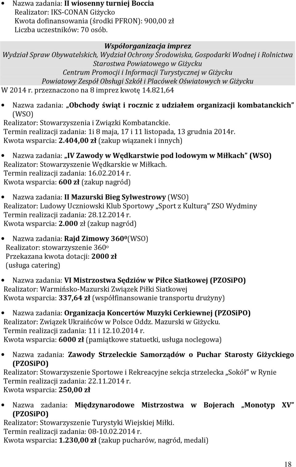 Powiatowy Zespół Obsługi Szkół i Placówek Oświatowych w Giżycku W 2014 r. przeznaczono na 8 imprez kwotę 14.