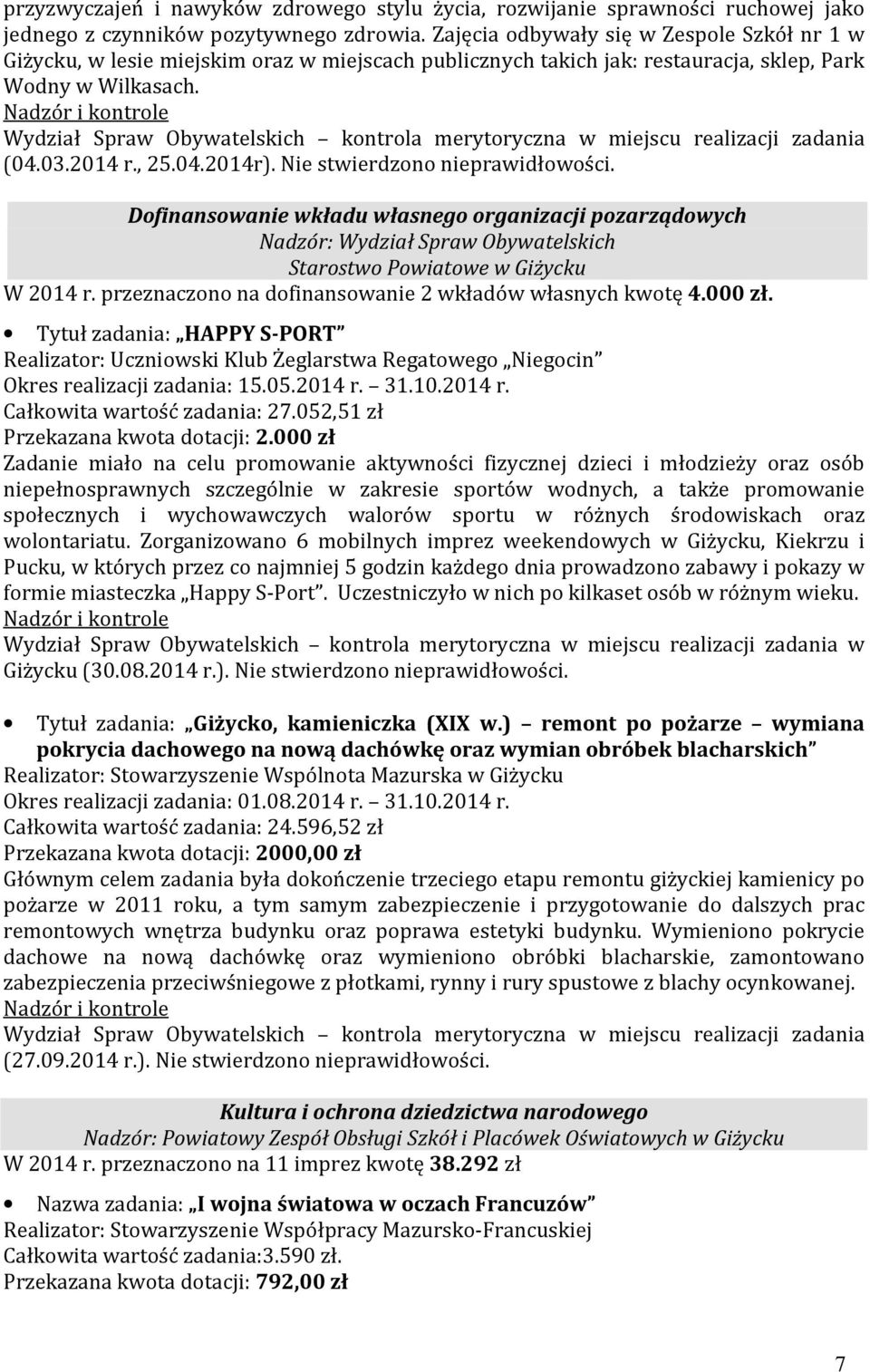 Nadzór i kontrole Wydział Spraw Obywatelskich kontrola merytoryczna w miejscu realizacji zadania (04.03.2014 r., 25.04.2014r). Nie stwierdzono nieprawidłowości.