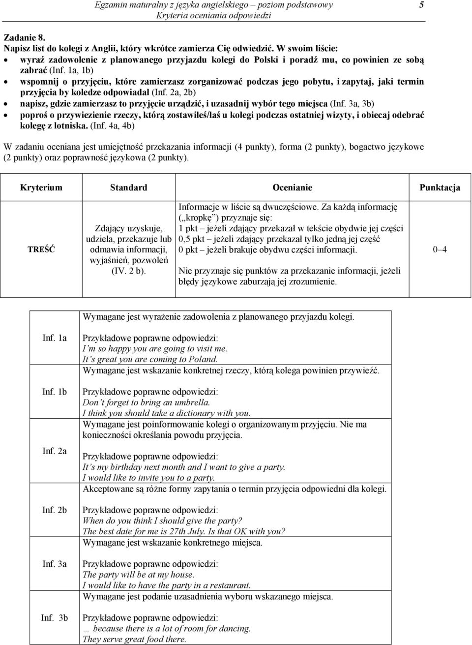 1a, 1b) wspomnij o przyjęciu, które zamierzasz zorganizować podczas jego pobytu, i zapytaj, jaki termin przyjęcia by koledze odpowiadał (Inf.