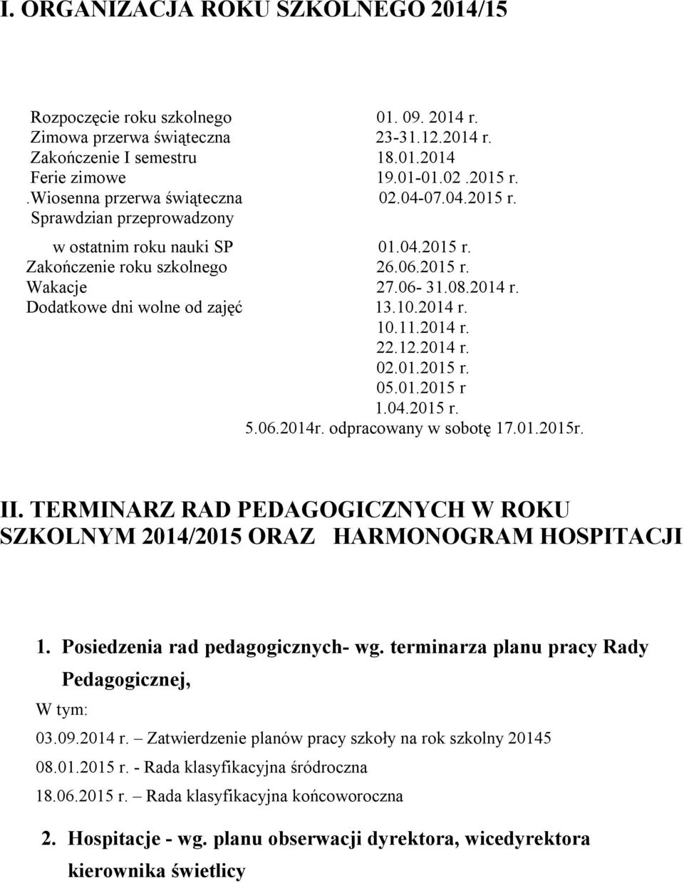 Dodatkowe dni wolne od zajęć 13.10.2014 r. 10.11.2014 r. 22.12.2014 r. 02.01.2015 r. 05.01.2015 r 1.04.2015 r. 5.06.2014r. odpracowany w sobotę 17.01.2015r. II.