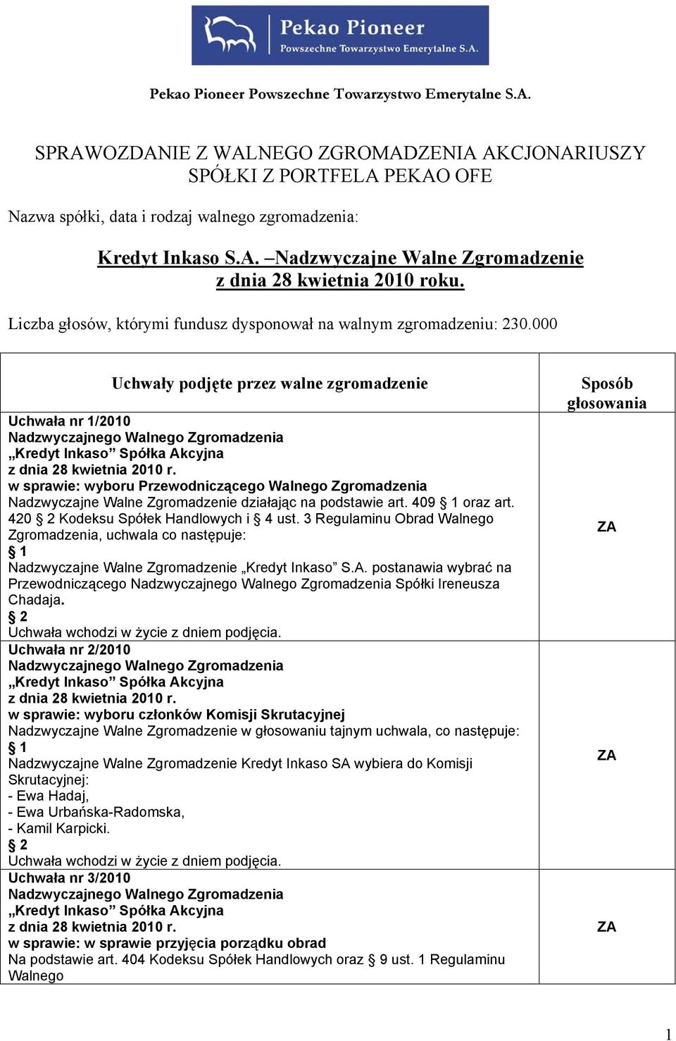 000 Uchwały podjęte przez walne zgromadzenie Uchwała nr 1/2010 w sprawie: wyboru Przewodniczącego Walnego Zgromadzenia Nadzwyczajne Walne Zgromadzenie działając na podstawie art. 409 oraz art.
