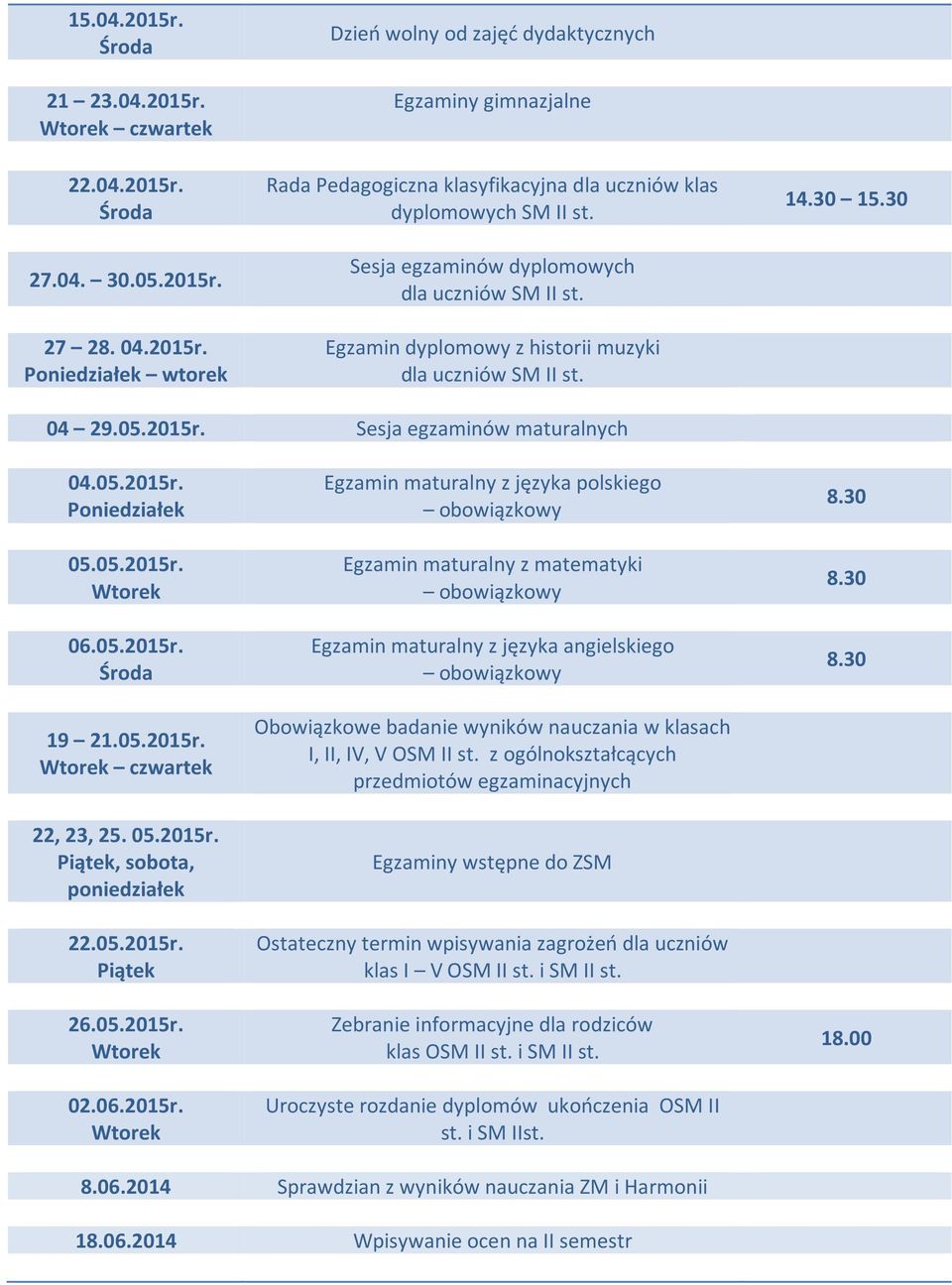 05.2015r. 26.05.2015r. 02.06.2015r. Egzamin maturalny z języka polskiego Egzamin maturalny z matematyki Egzamin maturalny z języka angielskiego Obowiązkowe badanie wyników nauczania w klasach I, II, IV, V OSM II st.