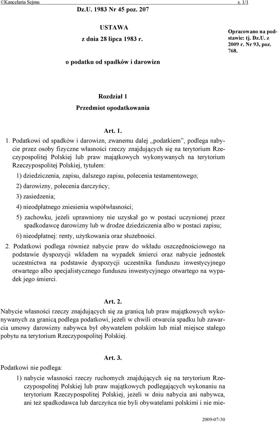 Przedmiot opodatkowania Art. 1.
