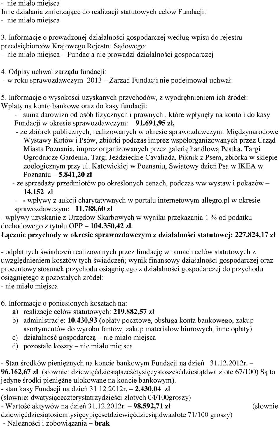 Odpisy uchwał zarządu fundacji: - w roku sprawozdawczym 2013 Zarząd Fundacji nie podejmował uchwał: 5.