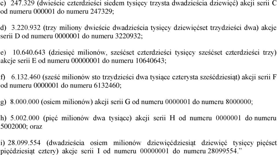 643 (dziesięć milionów, sześćset czterdzieści tysięcy sześćset czterdzieści trzy) akcje serii E od numeru 00000001 do numeru 10640643; f) 6.132.