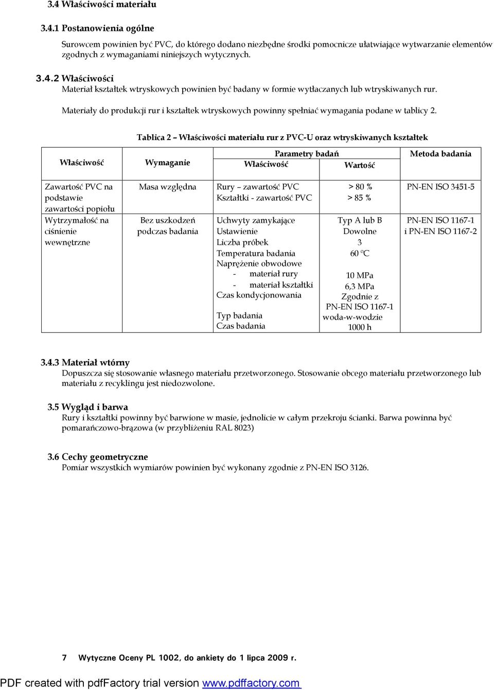 Materiały do produkcji rur i kształtek wtryskowych powinny spełniać wymagania podane w tablicy 2.