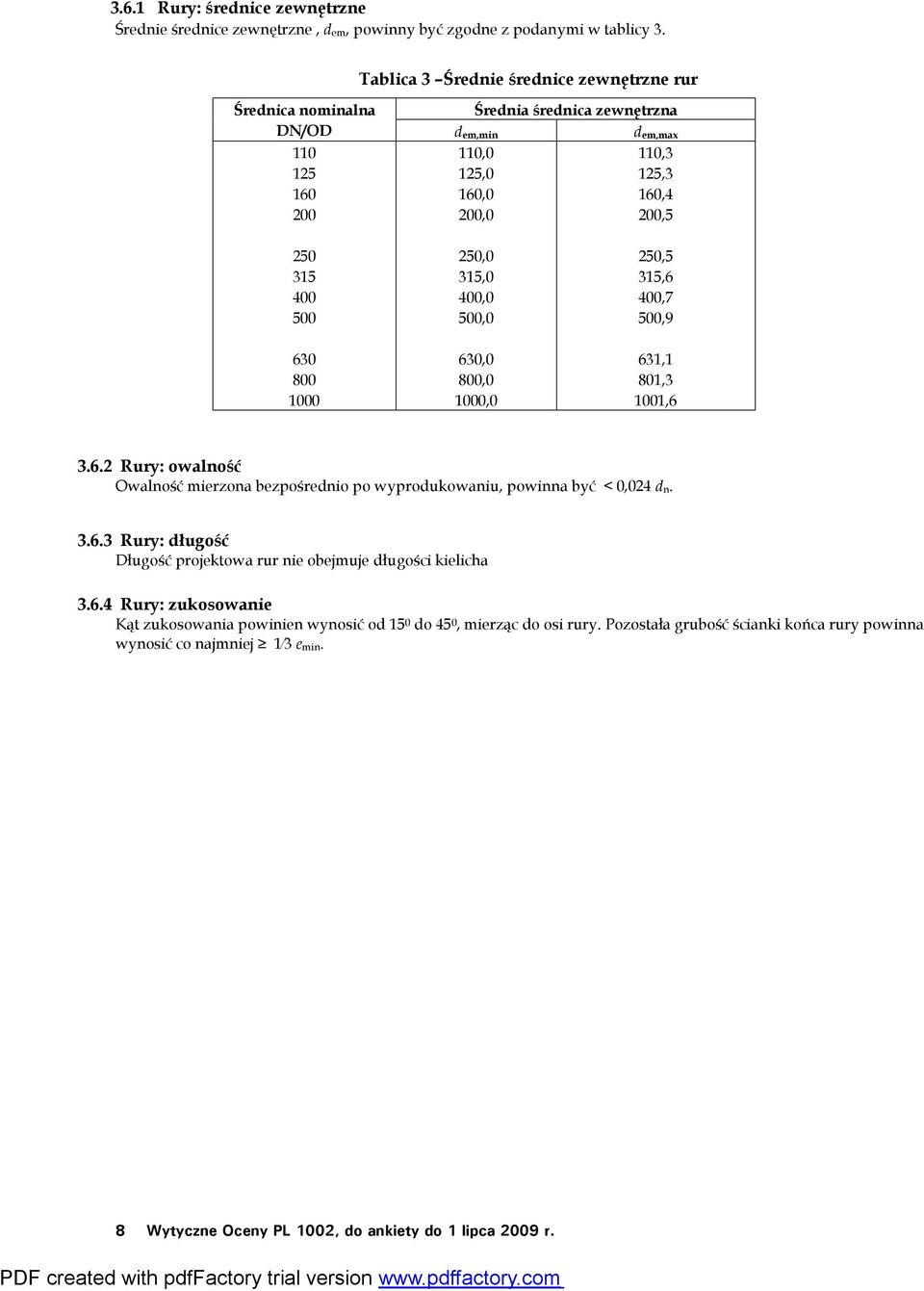 400 500 630 800 1000 250,0 315,0 400,0 500,0 630,0 800,0 1000,0 250,5 315,6 400,7 500,9 631,1 801,3 1001,6 3.6.2 Rury: owalność Owalność mierzona bezpośrednio po wyprodukowaniu, powinna być < 0,024 d n.