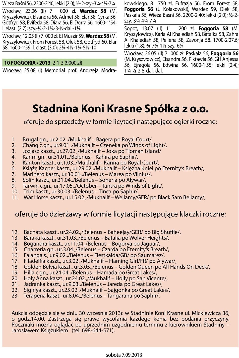 El Muszir 59, Wardez 58 (M. Kryszyłowicz), From Forest 58, Olek 58, Gotfryd 60, Elar 58. 1600-1 59; l. elast. (3.0); 2¼-4½-1¼-5½-10 10 FOGGORIA 2013: 2-1-3 (9000 zł) Wrocław, 25.08 (I) Memoriał prof.