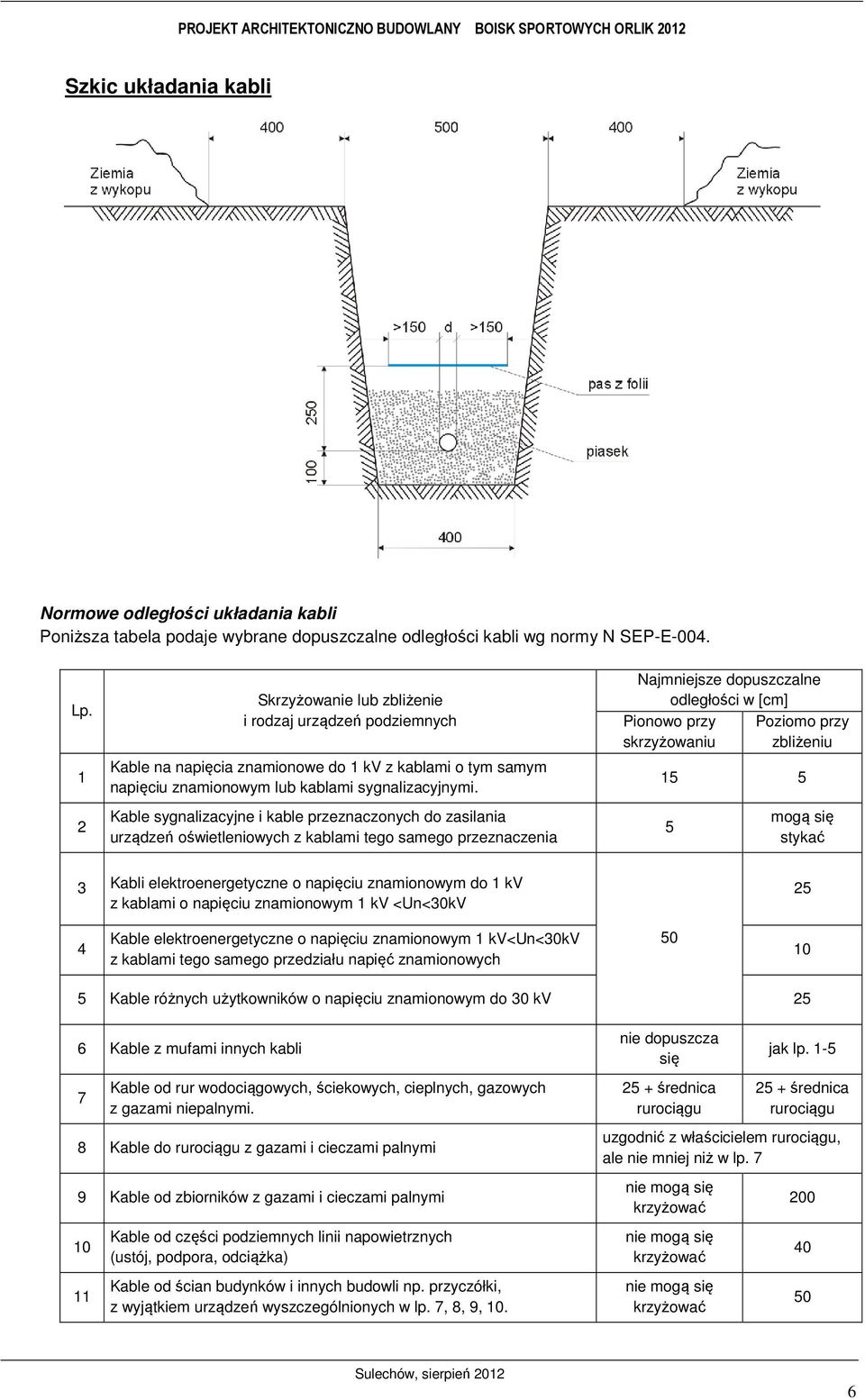 Kable sygnalizacyjne i kable przeznaczonych do zasilania urządzeń oświetleniowych z kablami tego samego przeznaczenia Najmniejsze dopuszczalne odległości w [cm] Pionowo przy Poziomo przy skrzyżowaniu