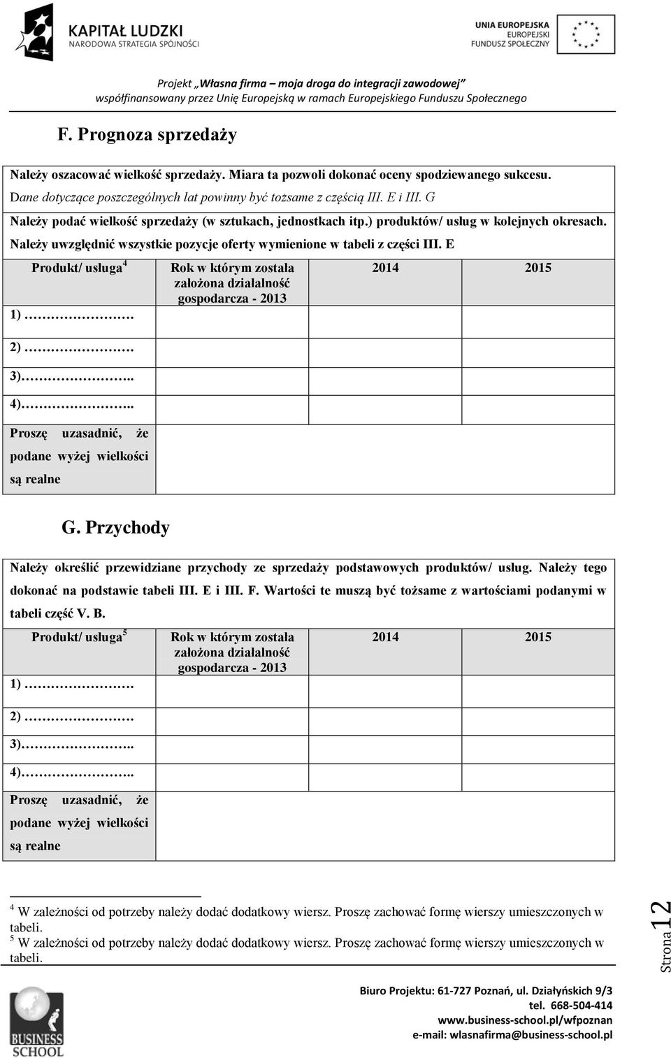 E Produkt/ usługa4 Rok w którym została założona działalność gospodarcza - 2013 2014 2015 1). 2). 3).. 4).. Proszę uzasadnić, że podane wyżej wielkości są realne G.