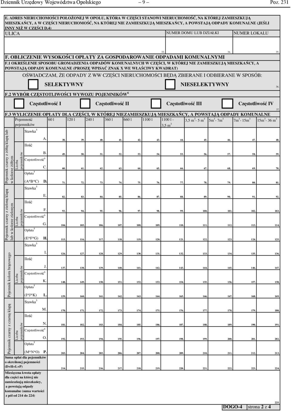 KOMUNALNE (JEŚLI INNY NIŻ W CZĘŚCI D.4) ULICA NUMER DOMU LUB DZIAŁKI NUMER LOKALU 33. 34. 35. F. OBLICZENIE WYSOKOŚCI OPŁATY ZA GOSPODAROWANIE ODPADAMI KOMUNALNYMI F.
