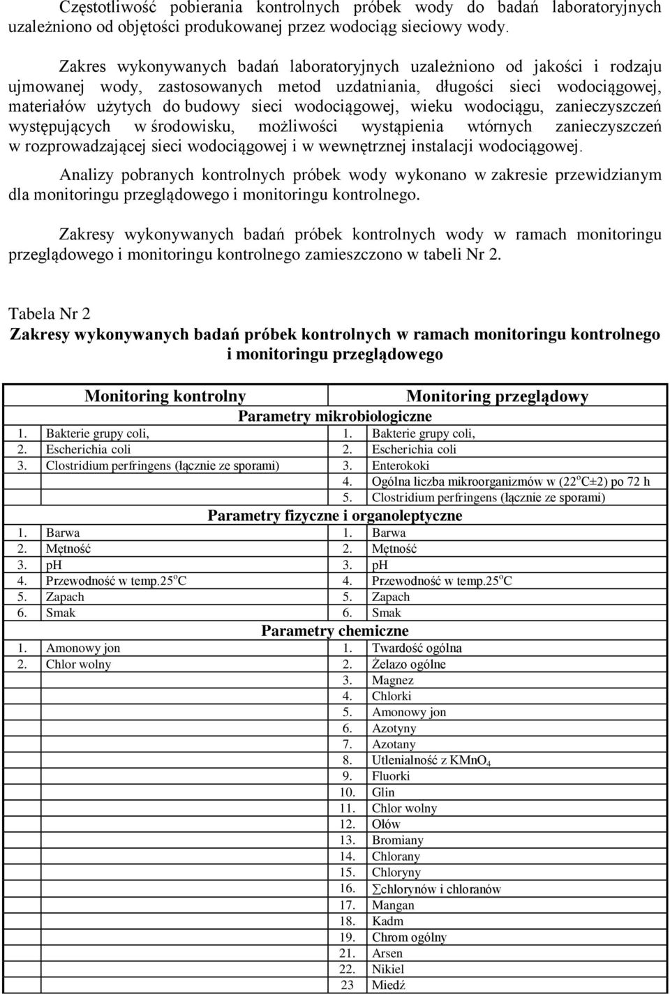 wodociągowej, wieku wodociągu, zanieczyszczeń występujących w środowisku, możliwości wystąpienia wtórnych zanieczyszczeń w rozprowadzającej sieci wodociągowej i w wewnętrznej instalacji wodociągowej.