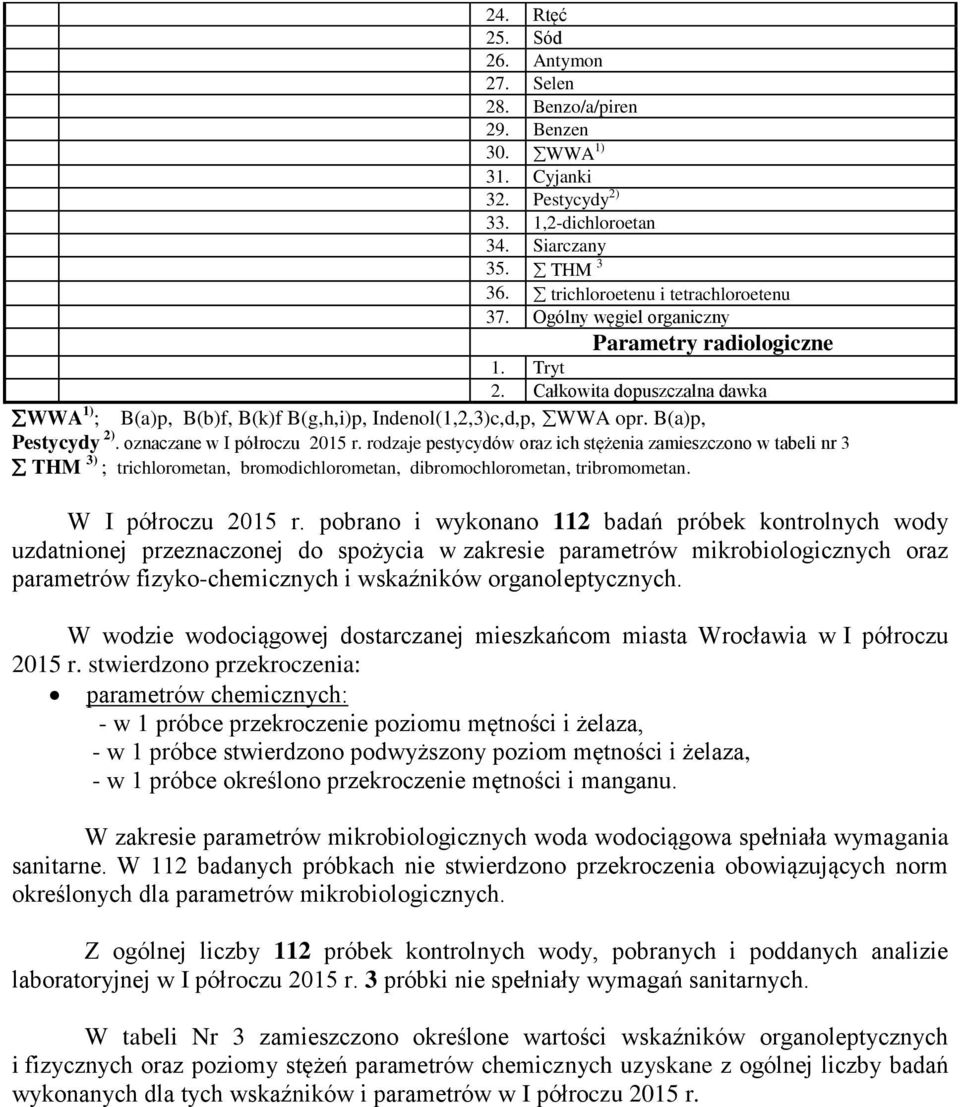 oznaczane w I półroczu 2015 r. rodzaje pestycydów oraz ich stężenia zamieszczono w tabeli nr 3 THM 3) ; trichlorometan, bromodichlorometan, dibromochlorometan, tribromometan. W I półroczu 2015 r.