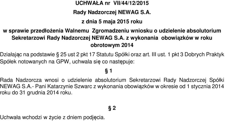 1 pkt 3 Dobrych Praktyk Spółek notowanych na GPW, uchwala się co następuje: Rada Nadzorcza wnosi o udzielenie absolutorium Sekretarzowi Rady