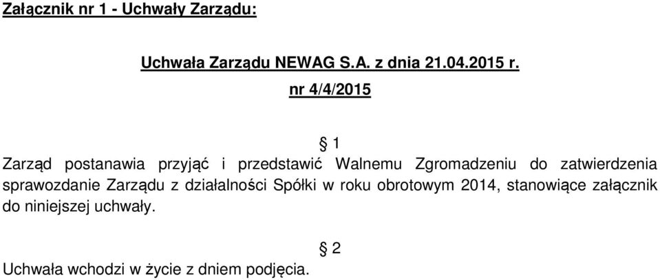 nr 4/4/2015 Zarząd postanawia przyjąć i przedstawić Walnemu