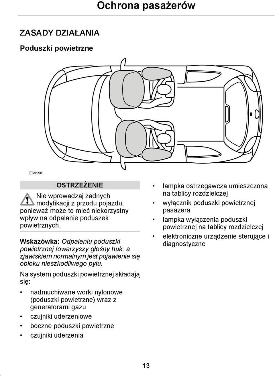 Na system poduszki powietrznej składają się: nadmuchiwane worki nylonowe (poduszki powietrzne) wraz z generatorami gazu czujniki uderzeniowe boczne poduszki powietrzne czujniki
