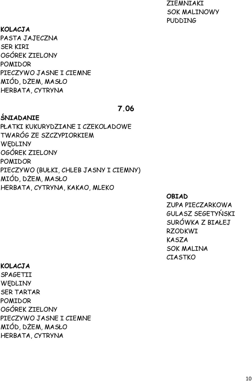 KAKAO, MLEKO KOLACJA SPAGETII SER TARTAR ZUPA PIECZARKOWA