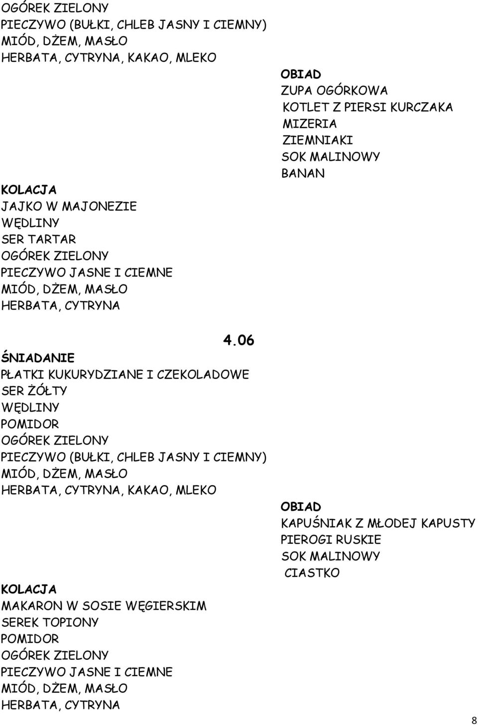 06 PŁATKI KUKURYDZIANE I CZEKOLADOWE SER śółty, KAKAO, MLEKO KOLACJA