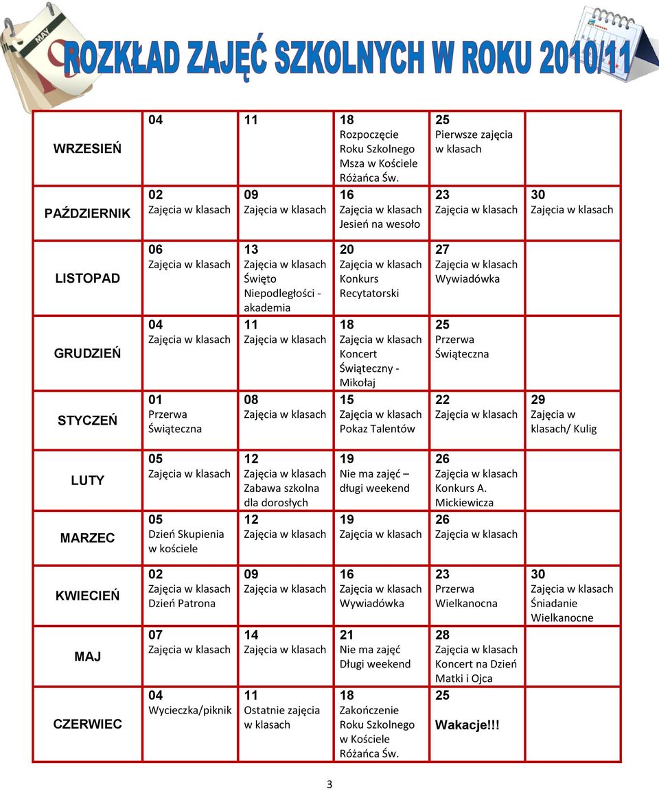 Świąteczny - Mikołaj 15 Pokaz Talentów 27 Wywiadówka 25 Przerwa Świąteczna 22 29 Zajęcia w klasach/ Kulig LUTY MARZEC 05 05 Dzieo Skupienia w kościele 12 Zabawa szkolna dla dorosłych 12 19 Nie ma