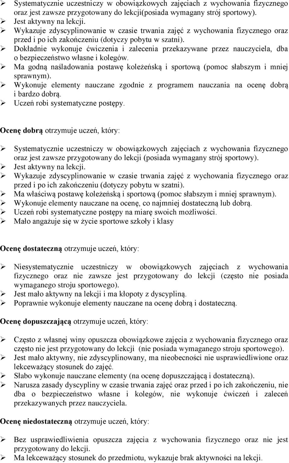 Dokładnie wykonuje ćwiczenia i zalecenia przekazywane przez nauczyciela, dba o bezpieczeństwo własne i kolegów. Ma godną naśladowania postawę koleżeńską i sportową (pomoc słabszym i mniej sprawnym).