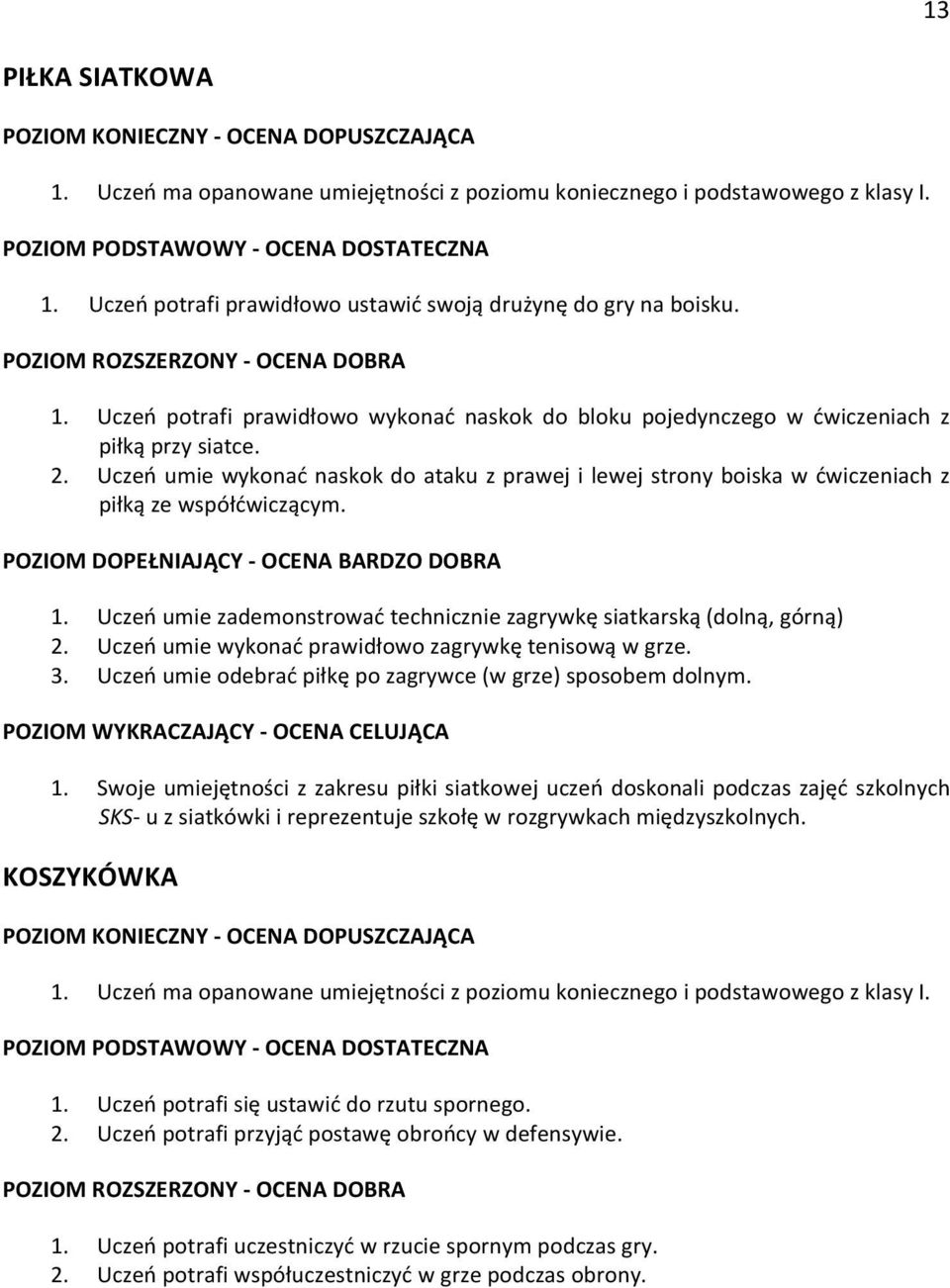 Uczeń umie wykonać prawidłowo zagrywkę tenisową w grze. 3. Uczeń umie odebrać piłkę po zagrywce (w grze) sposobem dolnym. 1.