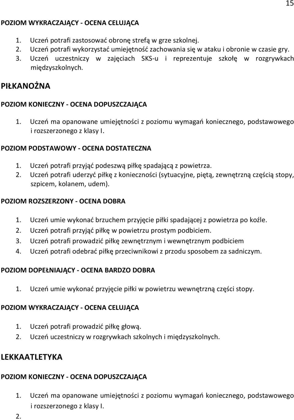 Uczeń ma opanowane umiejętności z poziomu wymagań koniecznego, podstawowego i rozszerzonego z klasy I. 1. Uczeń potrafi przyjąć podeszwą piłkę spadającą z powietrza. 2.