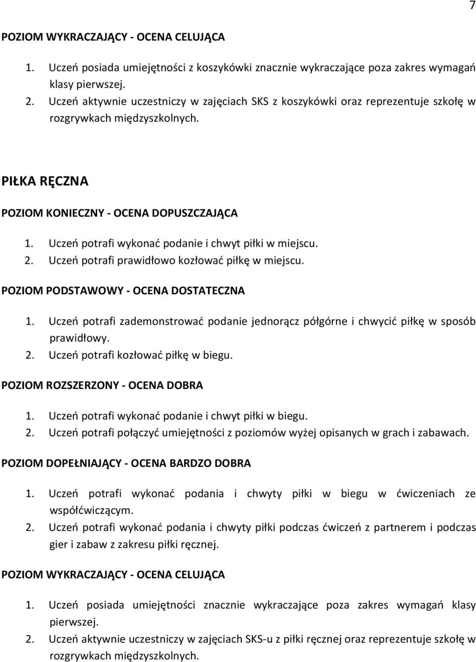 Uczeń potrafi prawidłowo kozłować piłkę w miejscu. 1. Uczeń potrafi zademonstrować podanie jednorącz półgórne i chwycić piłkę w sposób prawidłowy. 2. Uczeń potrafi kozłować piłkę w biegu. 1. Uczeń potrafi wykonać podanie i chwyt piłki w biegu.