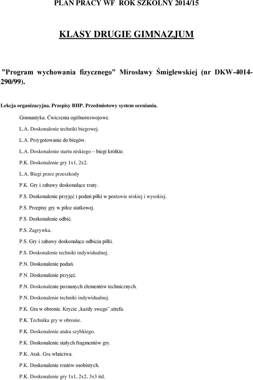 K. Gry i zabawy doskonalące rzuty. P.S. Doskonalenie przyjęć i podań piłki w postawie niskiej i wysokiej. P.S. Przepisy gry w piłce siatkowej. P.S. Doskonalenie odbić. P.S. Zagrywka. P.S. Gry i zabawy doskonalące odbicia piłki.