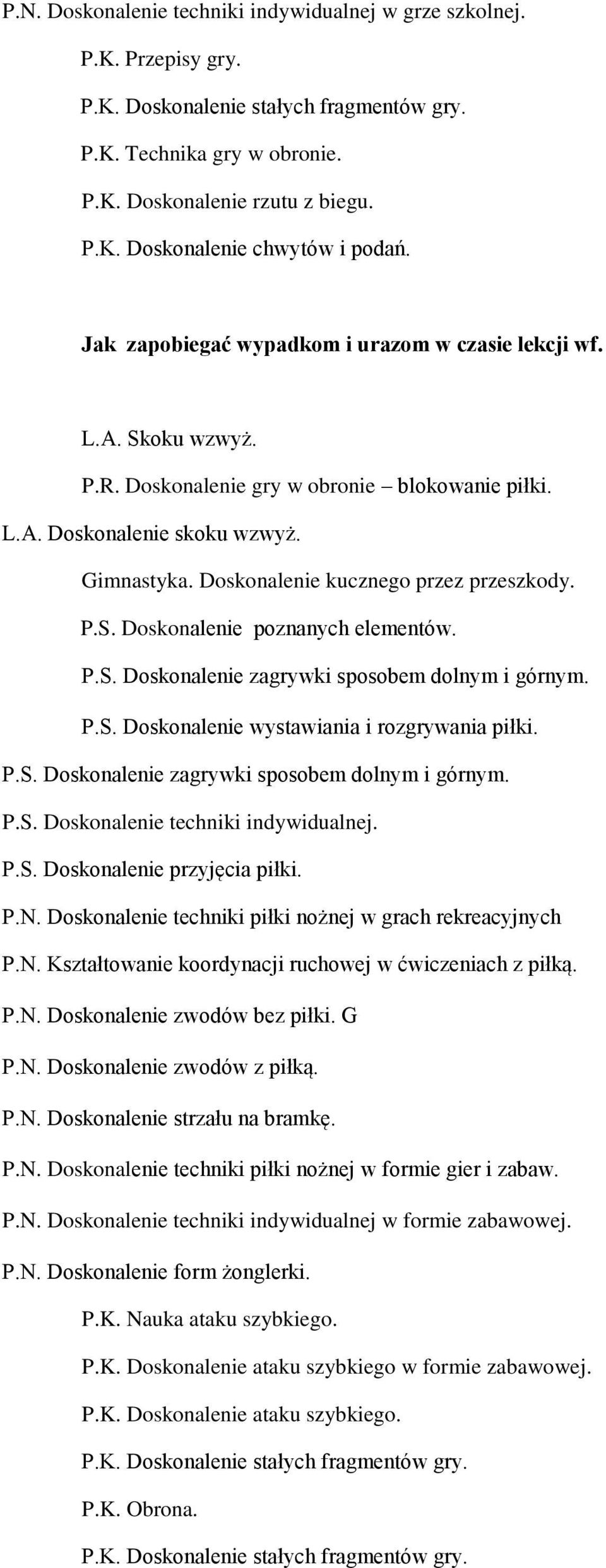 Doskonalenie kucznego przez przeszkody. P.S. Doskonalenie poznanych elementów. P.S. Doskonalenie zagrywki sposobem dolnym i górnym. P.S. Doskonalenie wystawiania i rozgrywania piłki. P.S. Doskonalenie zagrywki sposobem dolnym i górnym. P.S. Doskonalenie techniki indywidualnej.