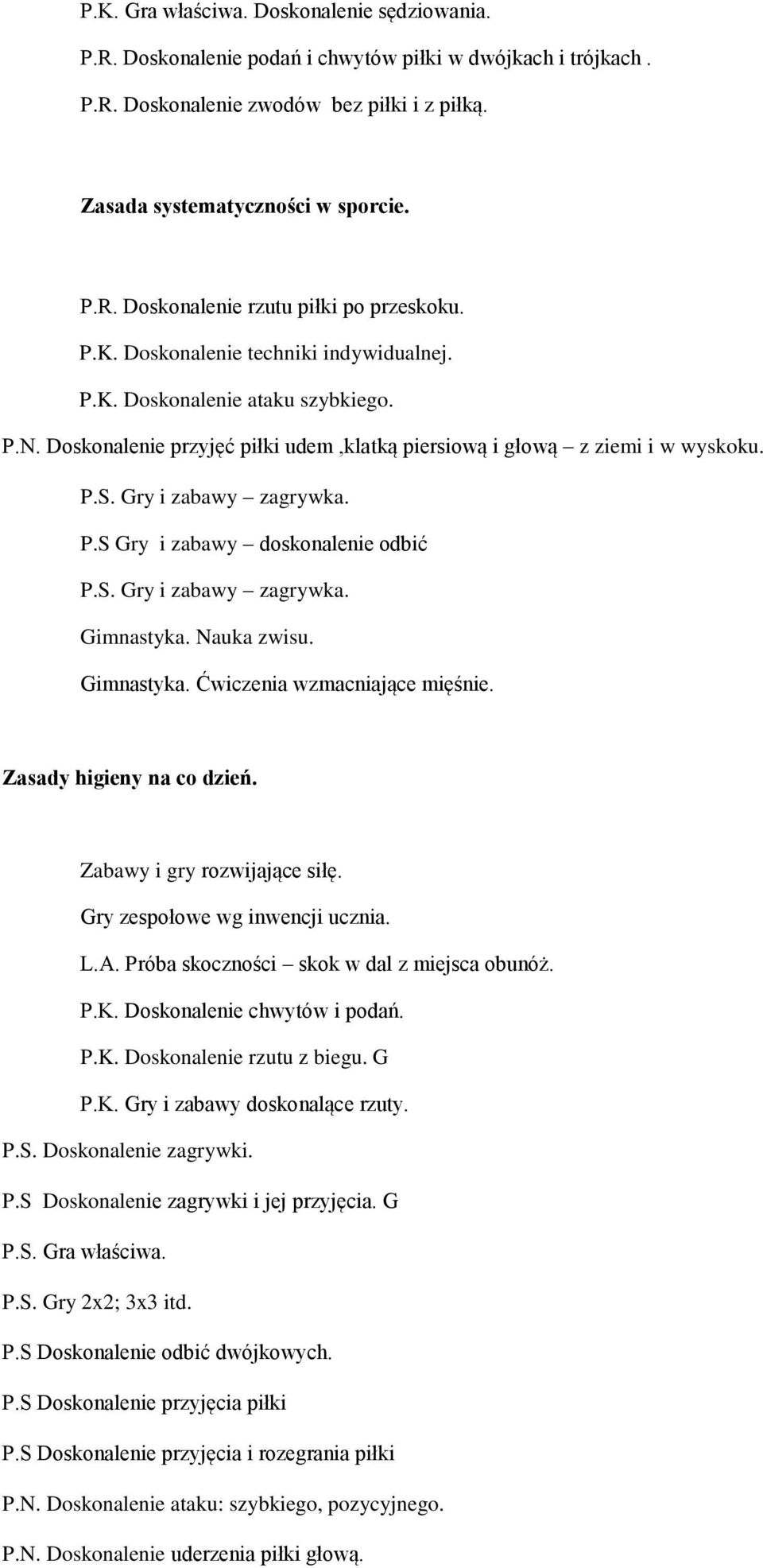 S. Gry i zabawy zagrywka. Gimnastyka. Nauka zwisu. Gimnastyka. Ćwiczenia wzmacniające mięśnie. Zasady higieny na co dzień. Zabawy i gry rozwijające siłę. Gry zespołowe wg inwencji ucznia. L.A.