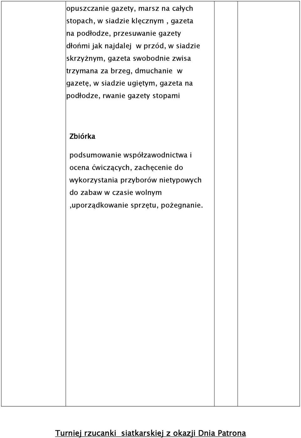 podłodze, rwanie gazety stopami Zbiórka podsumowanie współzawodnictwa i ocena ćwiczących, zachęcenie do wykorzystania