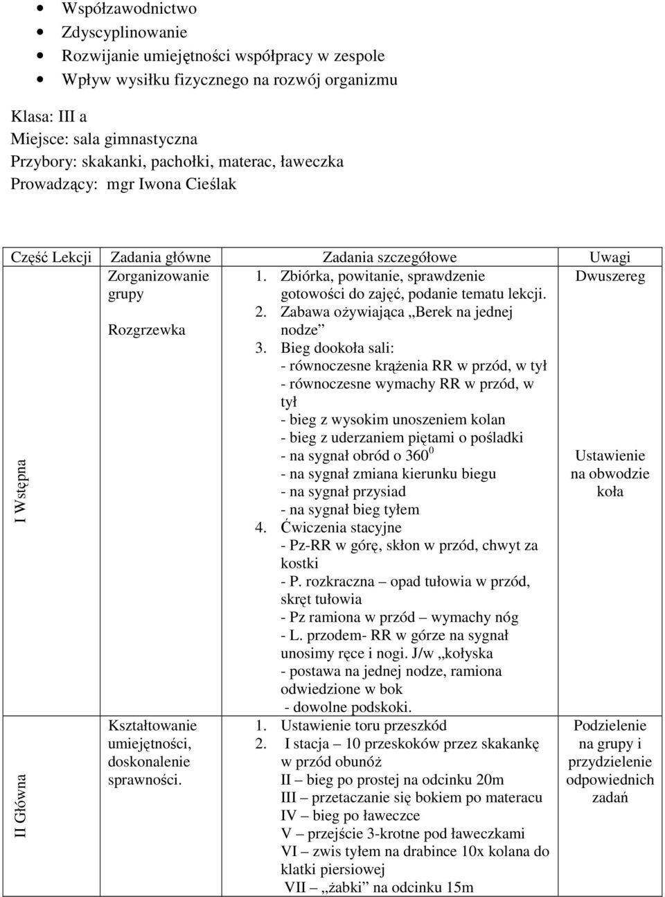 doskonalenie sprawności. 1. Zbiórka, powitanie, sprawdzenie gotowości do zajęć, podanie tematu lekcji. 2. Zabawa ożywiająca Berek na jednej nodze 3.