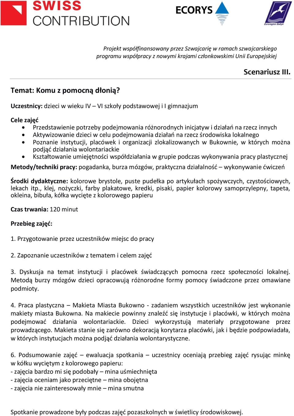 organizacji zlokalizowanych w Bukownie, w których można podjąć działania wolontariackie Kształtowanie umiejętności współdziałania w grupie podczas wykonywania pracy plastycznej Metody/techniki pracy: