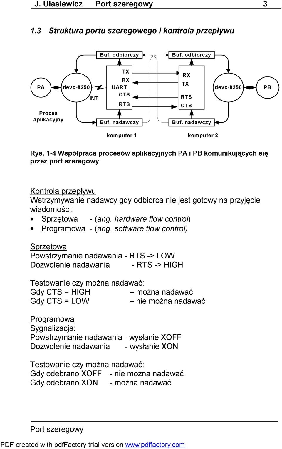 1-4 Współpraca procesów aplikacyjnych PA i PB komunikujących się przez port szeregowy Kontrola przepływu Wstrzymywanie nadawcy gdy odbiorca nie jest gotowy na przyjęcie wiadomości: Sprzętowa - (ang.