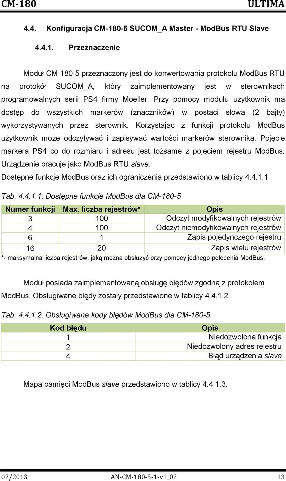 Przeznaczenie Moduł CM-180-5 przeznaczony jest do konwertowania protokołu ModBus RTU na protokół SUCOM_A, który zaimplementowany jest w sterownikach programowalnych serii PS4 firmy Moeller.