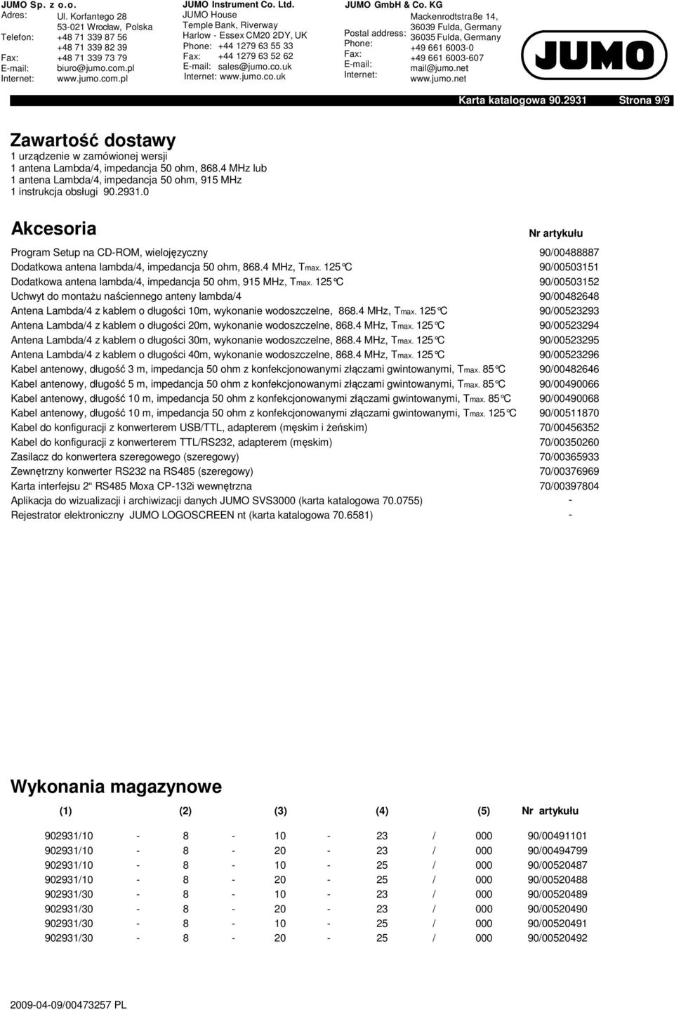 0 Akcesoria Nr artykułu Program Setup na CD-ROM, wielojęzyczny 90/00488887 Dodatkowa antena lambda/4, impedancja 50 ohm, 868.4 MHz, Tmax.