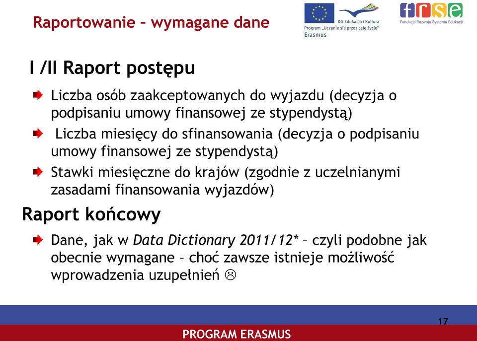 Stawki miesięczne do krajów (zgodnie z uczelnianymi zasadami finansowania wyjazdów) Raport końcowy Dane, jak w