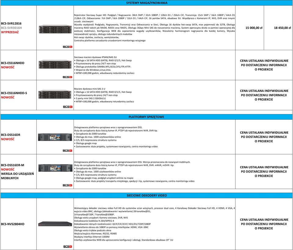 sieciowymi Wysoka wydajność Podgladu, Nagrywania, Transmisji oraz Odtwarzania w Sieci, Obsługa 16 dysków hot-swap SATA, max pojemność do 32TB, Obsługa macierzy RAID takich jak RAID0, RAID1 oraz