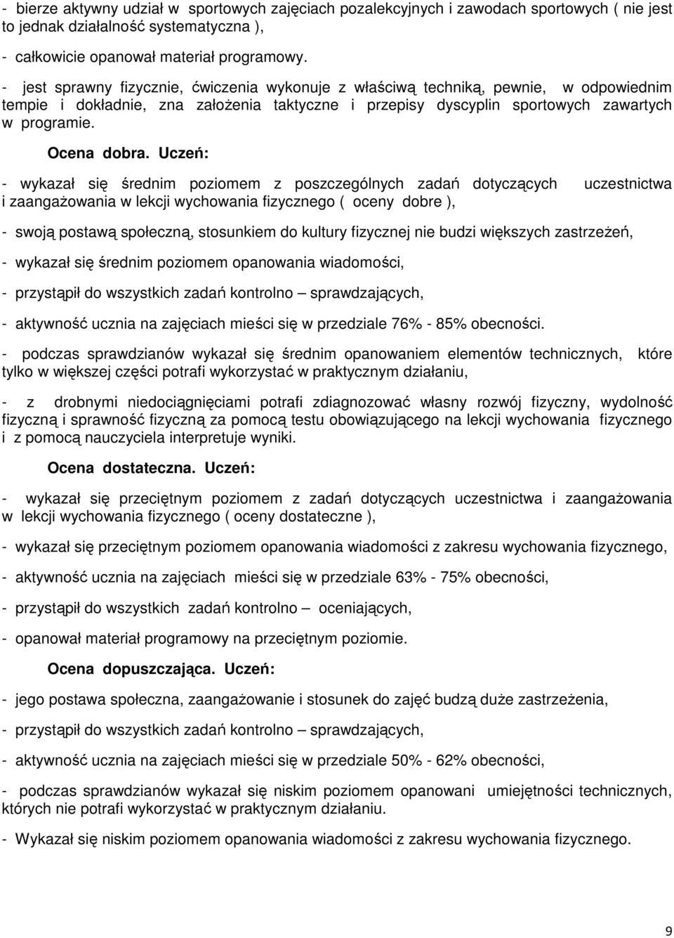 Uczeń: - wykazał się średnim poziomem z poszczególnych zadań dotyczących uczestnictwa i zaangażowania w lekcji wychowania fizycznego ( oceny dobre ), - swoją postawą społeczną, stosunkiem do kultury