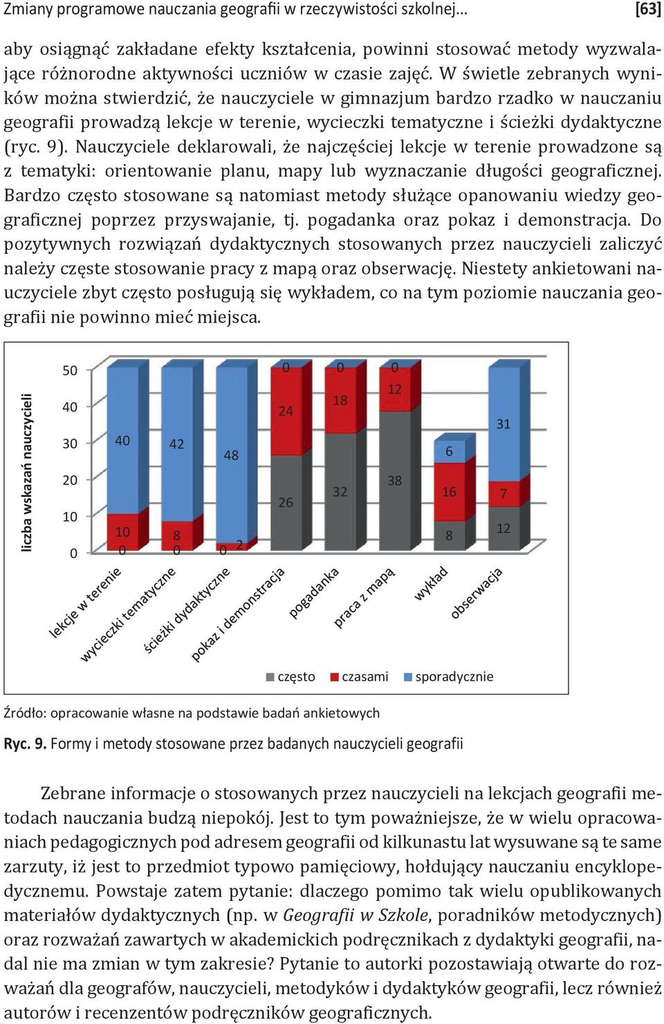 Nauczyciele deklarowali, że najczęściej lekcje w terenie prowadzone są z tematyki: orientowanie planu, mapy lub wyznaczanie długości geograficznej.